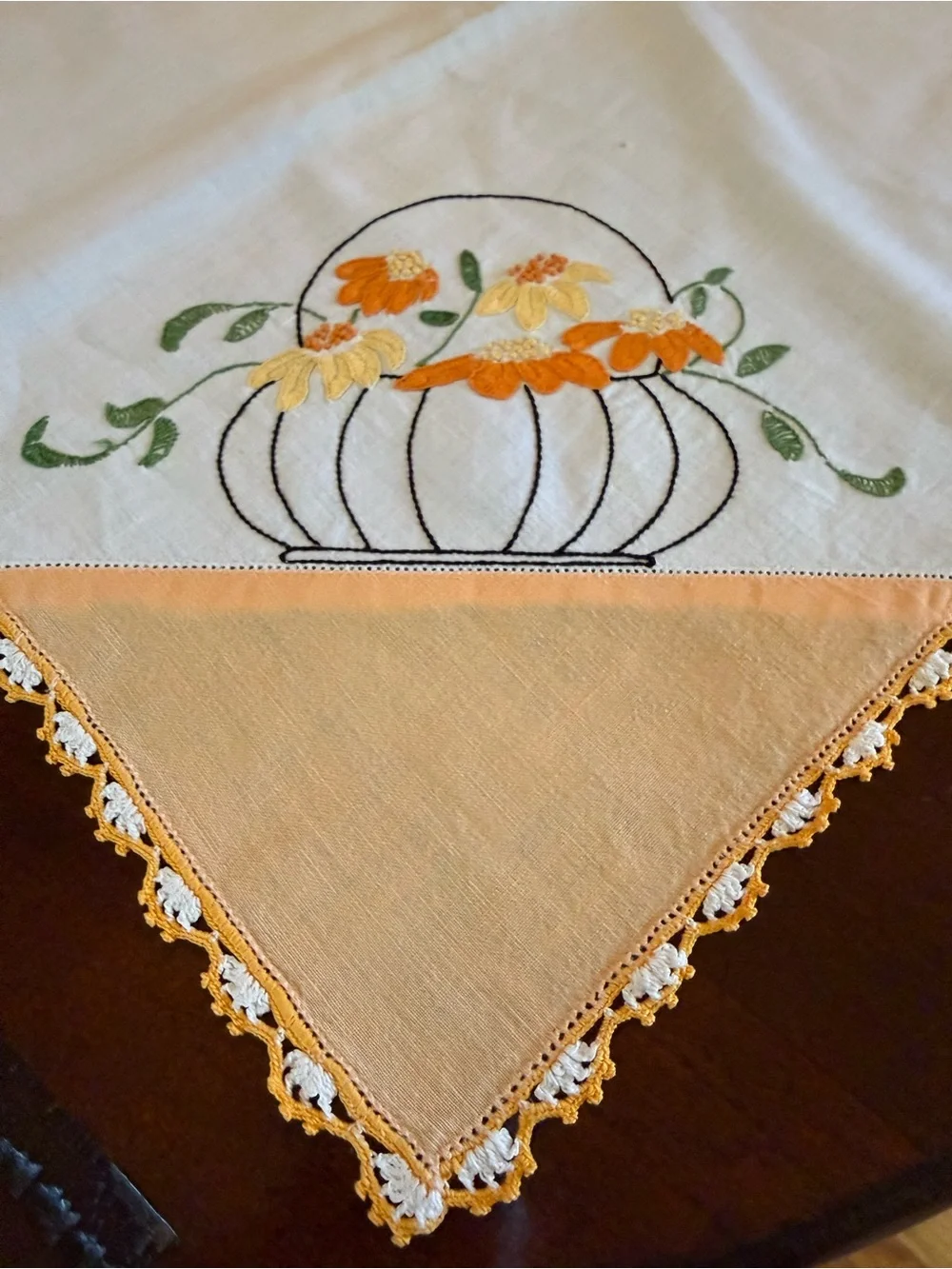 Vintage Embroidered Floral Basket Tablecloth - Orange and White Fall